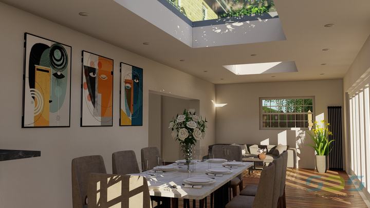 Extension dining room under rooflight – 3D visualisation