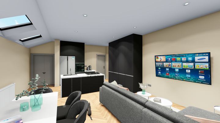 Open-plan kitchen and living – 3D visualisation