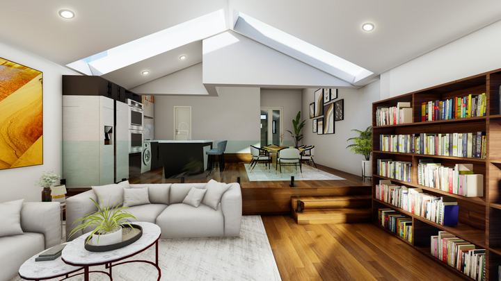 Rear extension lounge and library – 3D visualisation – Star Design Solutions