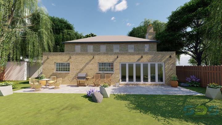 Rear elevation and garden by day – 3D visualisation