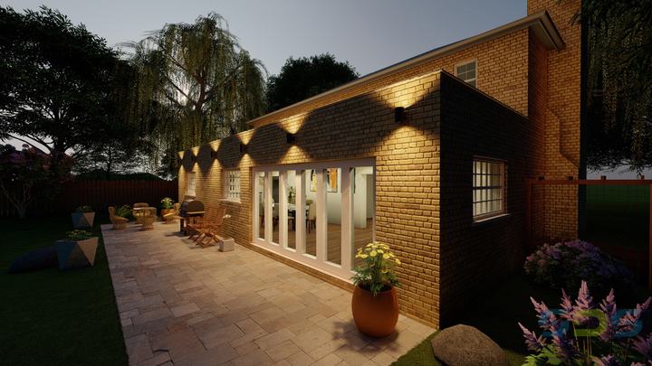 Single-storey rear extension at night – 3D visualisation – Star Design Solutions