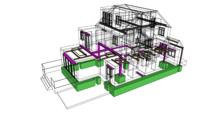 Two-storey extension steelwork – structural wireframe